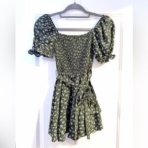 Francesca's ni Ami Olive Green Smocked dress with floral white Print